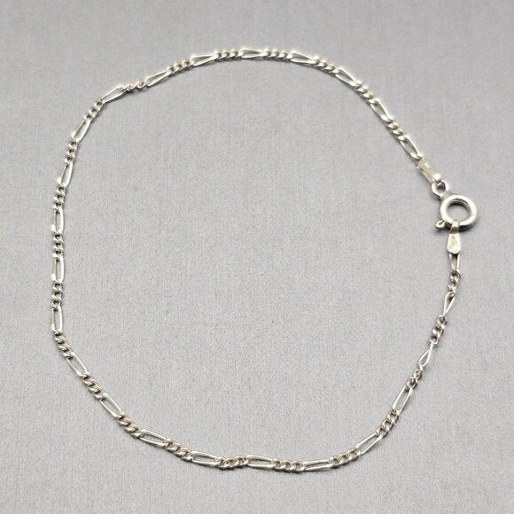 VTG Sterling Silver 925 Figaro Chain Bracelet 8" Spring Ring Closure - Picture 2 of 5